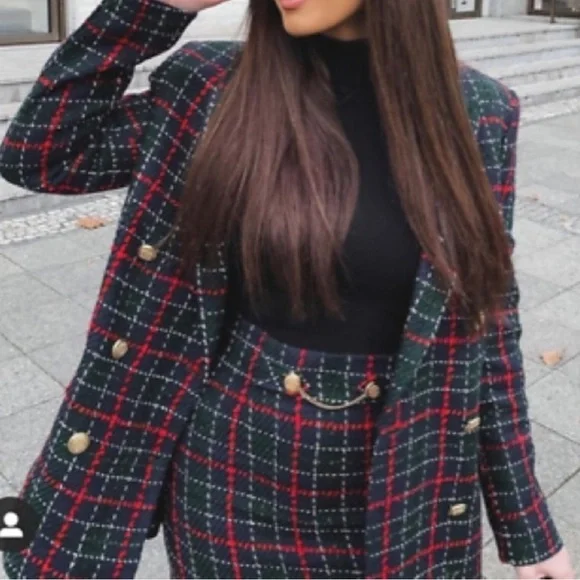 ZARA Tweed Plaid Double Breasted Blazer Green Red Gold Buttons - Picture 8 of 14